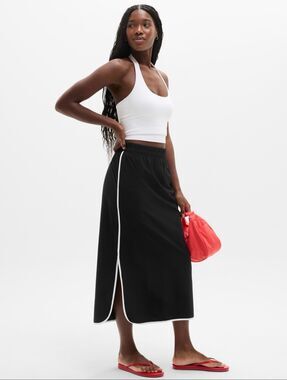 Athleta Journey Maxi Skirt Size Medium Black with White Trim Side Slits Pockets